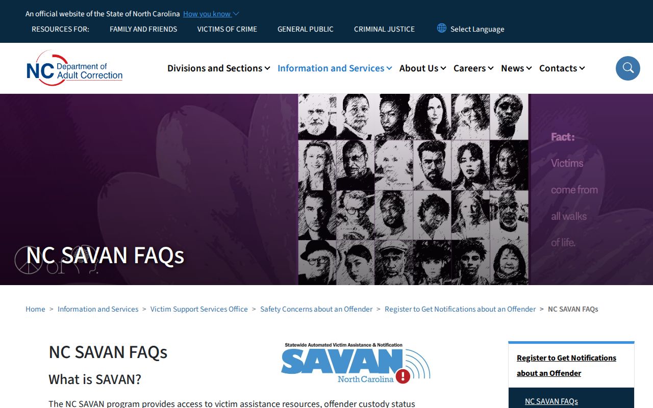 NC SAVAN official frequently asked questions about custody alerts