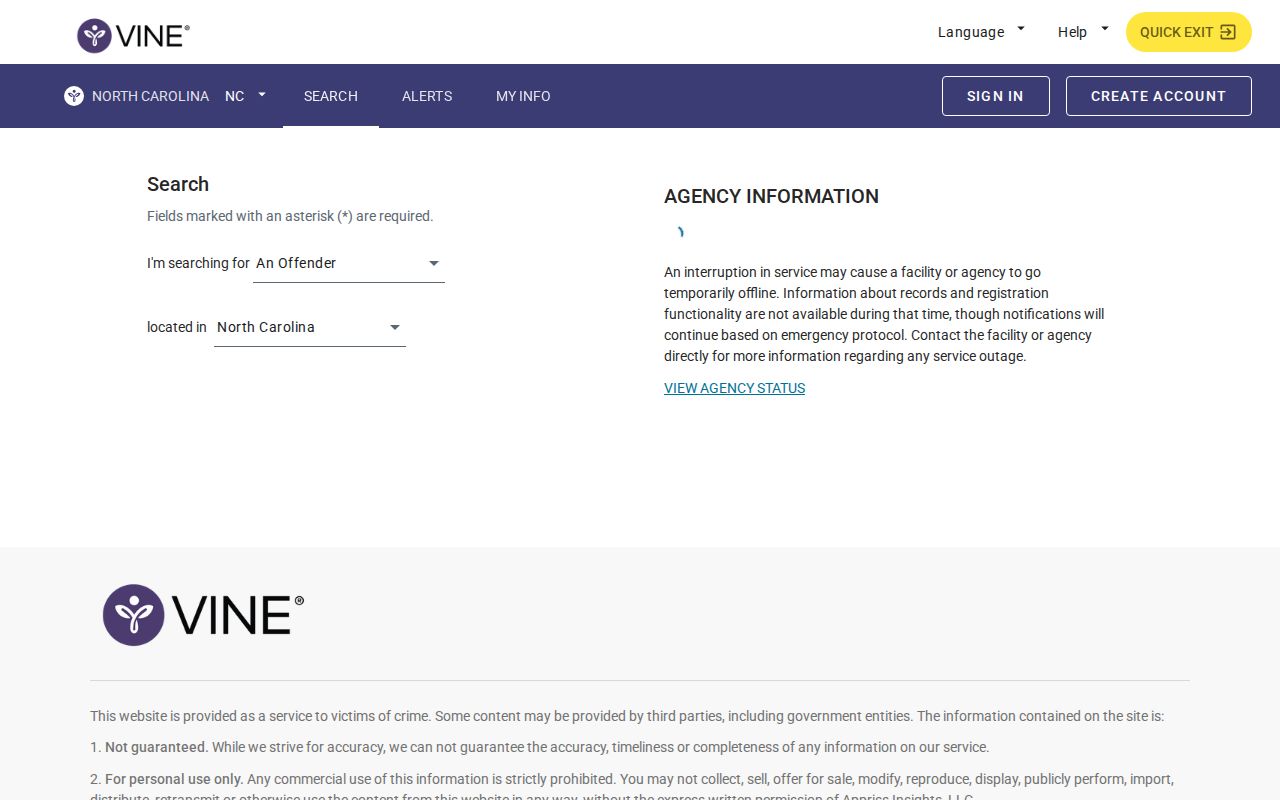 VINELink North Carolina person custody search interface
