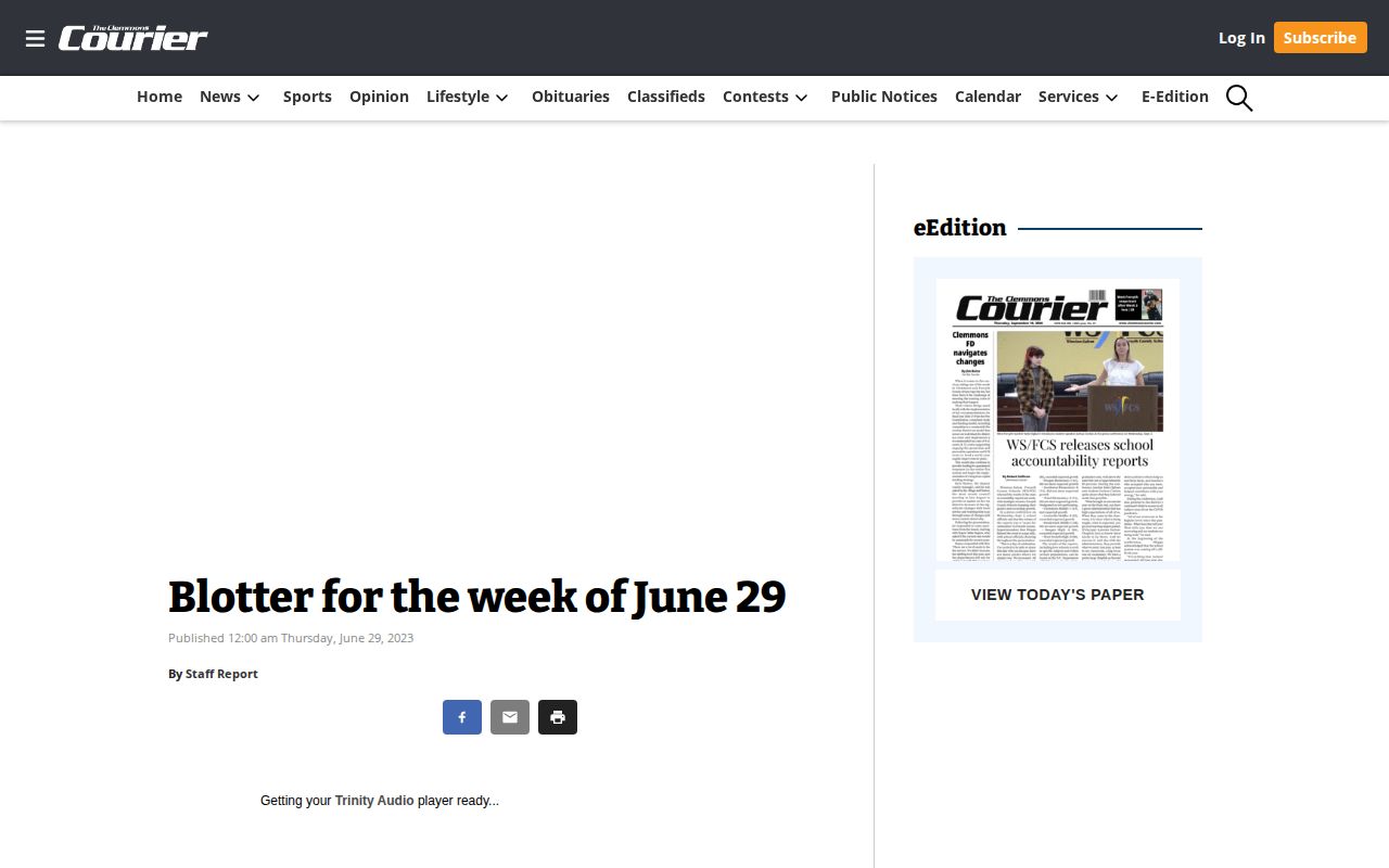Clemmons Courier dated weekly blotter article