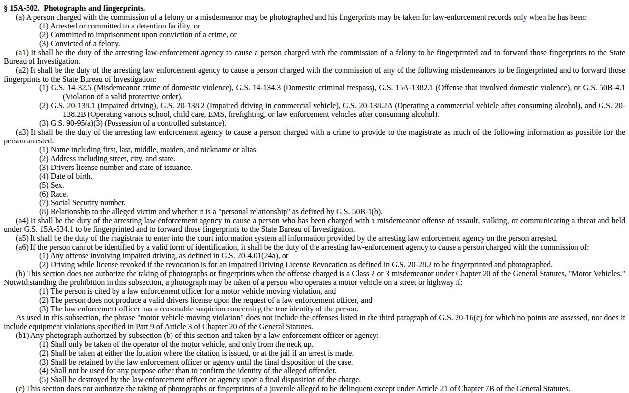 North Carolina General Statute 15A-502 arrest photograph and fingerprint provisions
